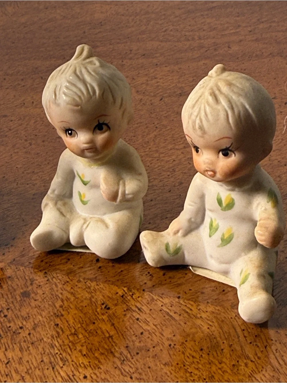 Porcelain Baby Boy Figurines Sitting Bisque Miniature Figure Flower Pajamas Vtg
